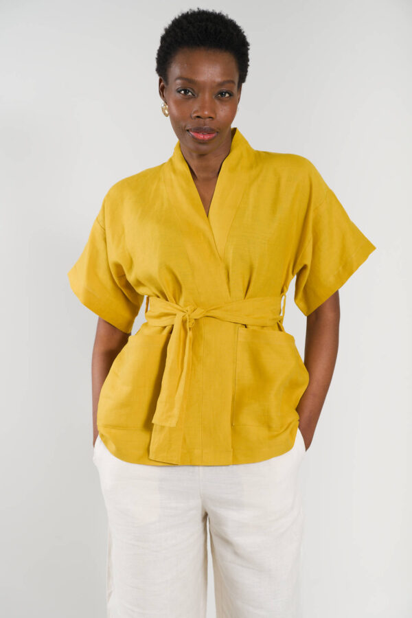 Kimono court en lin jaune